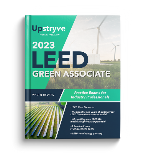 Upstryve's 2023 LEED Green Associate Prep and Review: Practice Exams for Industry Professionals Book product image provided by UpStryve Book Store. Upstryve provides access to online contractor course content, exam prep, books, and practice test questions to students and professionals preparing for their state contracting exams.