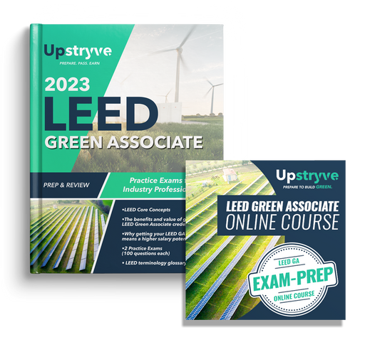 Upstryve's 2023 LEED Green Associate: Exam Prep and Review Package product image provided by UpStryve Book Store. Upstryve provides access to online contractor course content, exam prep, books, and practice test questions to students and professionals preparing for their state contracting exams.