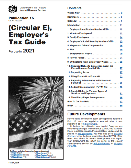 IRS Circular E, Employers Tax Guide, Publication 15, 2021; Highlighted & Tabbed