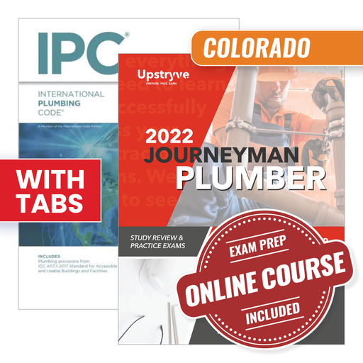 Upstryve's Colorado Journeyman Plumber Ultimate Exam Prep Package [2021 IPC] product image provided by UpStryve Book Store. Upstryve provides access to online contractor course content, exam prep, books, and practice test questions to students and professionals preparing for their state contracting exams.