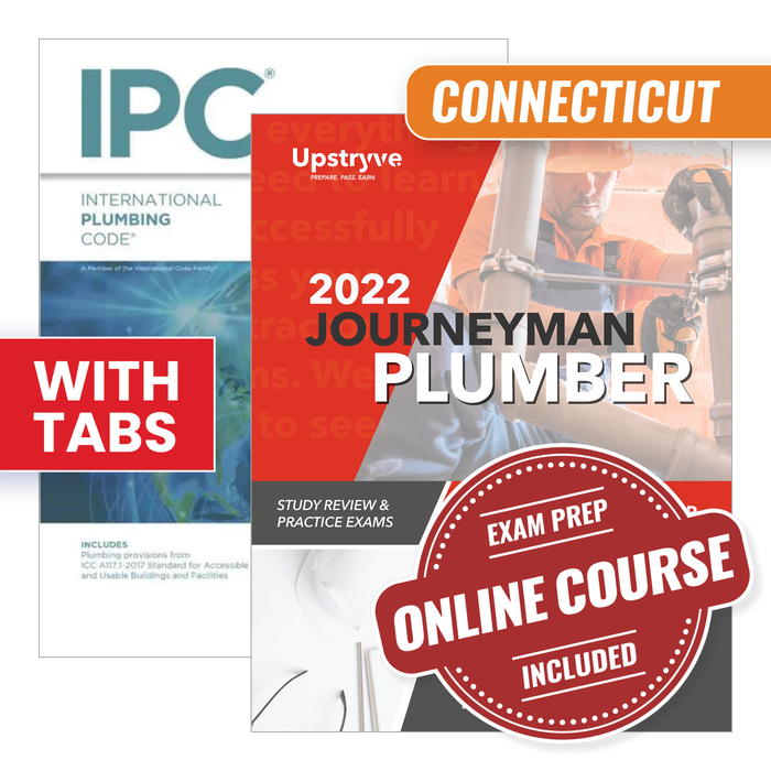 Upstryve's Connecticut Journeyman Plumber Ultimate Exam Prep Package [2021 IPC] product image provided by UpStryve Book Store. Upstryve provides access to online contractor course content, exam prep, books, and practice test questions to students and professionals preparing for their state contracting exams.
