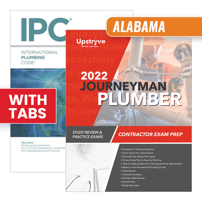 Upstryve's Alabama Journeyman Plumber Exam Prep Package [2021 IPC] product image provided by UpStryve Book Store. Upstryve provides access to online contractor course content, exam prep, books, and practice test questions to students and professionals preparing for their state contracting exams.