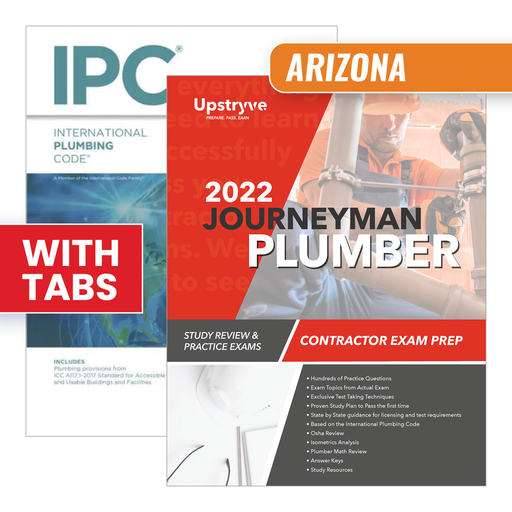 Upstryve's Arizona Journeyman Plumber Exam Prep Package [2021 IPC] product image provided by UpStryve Book Store. Upstryve provides access to online contractor course content, exam prep, books, and practice test questions to students and professionals preparing for their state contracting exams.